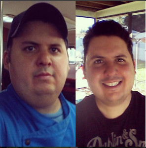 This is a weight loss success photo showing me before at 250 lbs and after at 214 lbs.